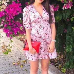 Zara Satin Effect Rose Floral Button Front Short Sleeve Dress Pink Size Medium